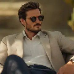 Ein Mann im preppy look: helles Sakko, weißes Hemd, Sonnenbrille und Jeans.