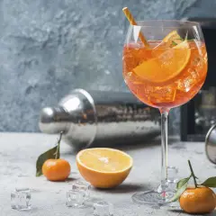 Ein erfrischender Aperitif vor dem Essen: Ein Glas mit einem leuchtend orangen Getränk, Eiswürfeln, Orangenscheiben und einem Strohhalm. Daneben liegen Mandarinen und ein Shaker.
