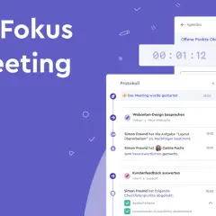 Ein Protokoll zeigt den Ablauf eines Meetings mit Zeitstempeln, besprochenen Themen und zugewiesenen Aufgaben.