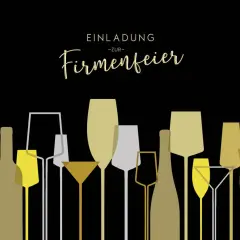Einladung zur Firmenfeier mit stilisierten Flaschen und Gläsern in Gold-, Grau- und Beigetönen auf schwarzem Hintergrund.