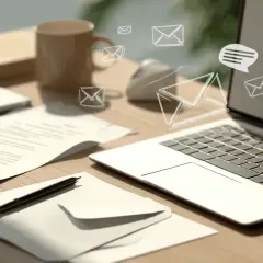 Schreibtisch mit Laptop, Dokumenten und Briefumschlägen. E-Mail-Symbole schweben über dem Bildschirm, was auf digitale Korrespondenz und die Anrede eines Briefes hindeutet.