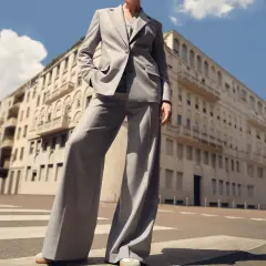 Eleganter grauer Anzug mit weiten Hosen und Sneakern, steht auf einem Zebrastreifen vor einem Gebäude.