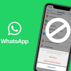 WhatsApp-Symbol und ein Smartphone, das zeigt, wie man blockierte Kontakte in den Einstellungen verwaltet.