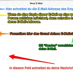 So versendest du eine E-Mail: Empfängeradresse, Betreff und Nachricht eintragen, dann auf "Senden" tippen.