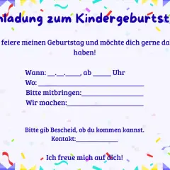 Einladung zum Kindergeburtstag mit Feldern zum Ausfüllen. Perfekt zum Einladungen schreiben für die nächste Party!