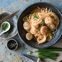 Ein Teller mit Spaghetti und Jakobsmuscheln, garniert mit Schnittlauch. Dazu gibt es Sojasauce und Stäbchen. Ein köstliches Spaghetti-Essen!