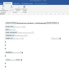 Word-Dokument mit einer din brief vorlage, die Felder für Absender, Empfänger und Betreff enthält.
