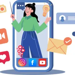 Eine Frau erklärt auf einem Smartphone die Bedeutung von Netiquette. Icons für Social Media, Kamera, Video und E-Mail umgeben sie.