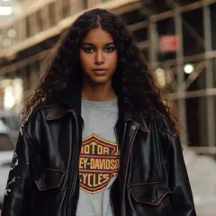 Junge Frau mit langen, lockigen Haaren trägt eine Lederjacke über einem Harley-Davidson-Shirt im Millennials-Style.