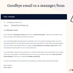 Abschiedsemail an den Manager. Der Text bedankt sich für die Unterstützung und die Lernerfahrungen, die man mitnimmt, wenn man sich verabschiedet.