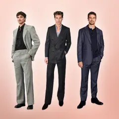 Drei Männer im Anzug, die den dresscode smart verkörpern: einer in Grau, einer im Nadelstreifen-Look, einer in Dunkelblau.