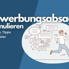 Bewerbungsabsage formulieren: Tipps und Muster für eine professionelle Absage. Ein Mann rennt, umgeben von Sprechblasen, die Unsicherheit und Fragen darstellen.
