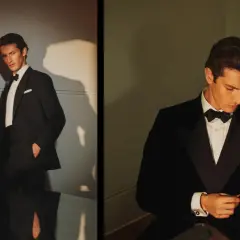 Mann im Smoking, links elegant stehend, rechts beim Zurechtrücken der Manschetten. Der Smoking-Anzug-Unterschied liegt in der Ausstrahlung.