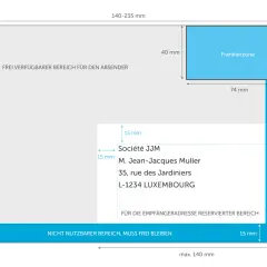 Schema einer Briefhülle mit Maßen. Zeigt, was bedeutet adresszusatz: die Adresszeilen für Name, Straße, PLZ und Ort.