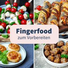 Leckeres Fingerfood zum Vorbereiten: Caprese-Spieße, herzhafte Teigschnecken, Hackbällchen und Sesam-Käse-Stangen. Perfekt für jede Party!