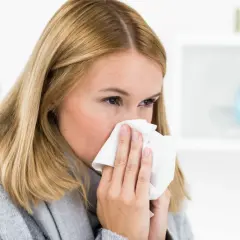 Frau mit Taschentuch vor der Nase, bereit zu niesen. Man sagt "Gesundheit!", wenn jemand niest.