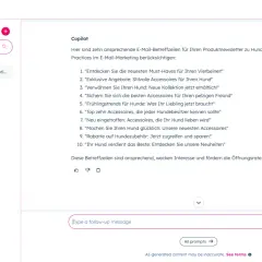 Copilot schlägt zehn ansprechende E-Mail-Betreffzeilen für Hunde-Accessoires vor. Was ist ein guter Betreff? Diese hier wecken Interesse und fördern Öffnungsraten.