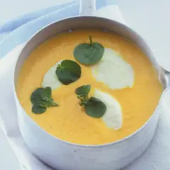 Eine cremige, orangefarbene Suppe mit Klecksen von weißer Creme und grünen Blättern, bereit zum Suppe essen.