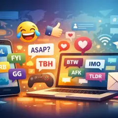 Digitale Kommunikation mit vielen Chat-Abkürzungen wie LOL, FYI, BRB, GG, ASAP, TBH, BTW, IMO, AFK, TLDR. Die Bedeutung von Chat ist Vielfalt.
