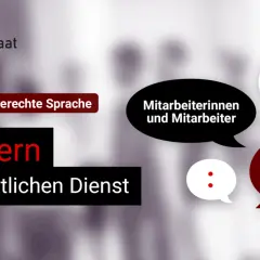 Jobs beim Staat: Gendern im öffentlichen Dienst. Sprechblasen zeigen "m/w/d", "Mitarbeiterinnen und Mitarbeiter", ":" und "*".