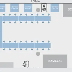 Grundriss mit Bar, Buffet, Sofaecken und einer U-förmigen Sitzordnung aus Tischen und Hockern.