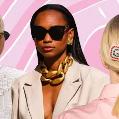 Drei Frauen mit eleganten business frisuren frauen: ein Dutt, offenes Haar mit Statement-Kette und ein Pferdeschwanz mit Gucci-Haarspange.