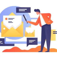 Mann mit Lupe prüft E-Mails. Effizientes E-Mail-Management für Übersicht.