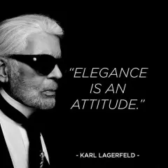 Karl Lagerfeld, mit Sonnenbrille und Bart, verkörpert Eleganz. Seine zitate wie "Elegance is an attitude" inspirieren.