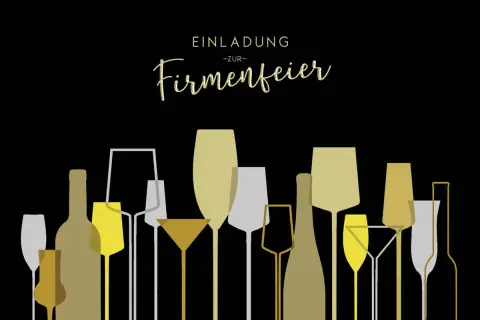 Einladung zur Firmenfeier mit stilisierten Flaschen und Gläsern in Gold-, Grau- und Beigetönen auf schwarzem Hintergrund.