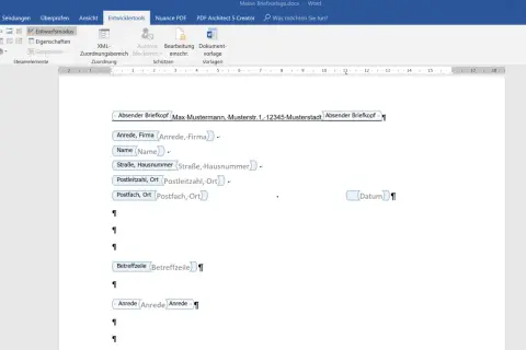 Word-Dokument mit einer din brief vorlage, die Felder für Absender, Empfänger und Betreff enthält.