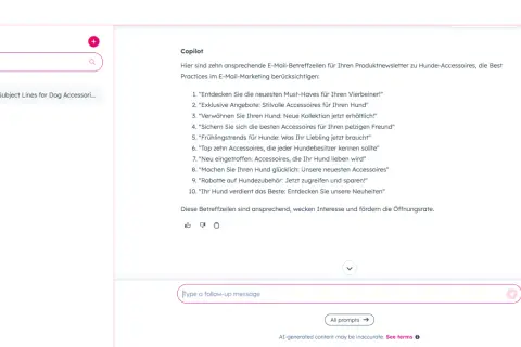 Copilot schlägt zehn ansprechende E-Mail-Betreffzeilen für Hunde-Accessoires vor. Was ist ein guter Betreff? Diese hier wecken Interesse und fördern Öffnungsraten.