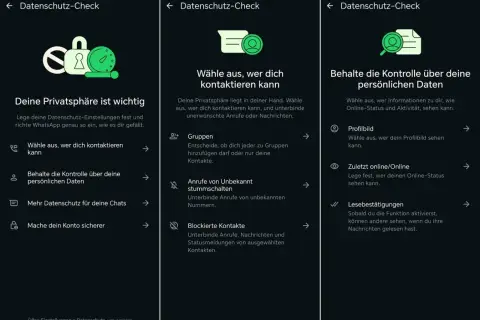 WhatsApp-Status Einstellungen: Übersicht über Datenschutz-Check. Wähle, wer dich kontaktieren kann, verwalte Gruppen, blockiere Kontakte und steuere dein Profilbild.