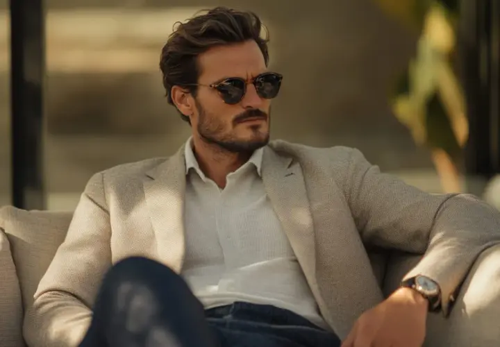 Ein Mann im preppy look: helles Sakko, weißes Hemd, Sonnenbrille und Jeans.