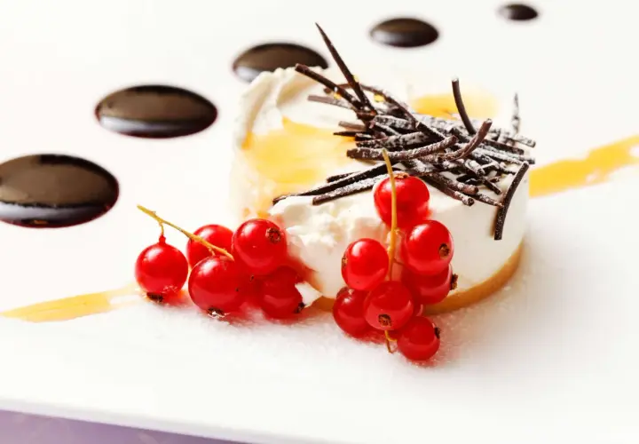 Köstliche Dessert Deko Ideen: Ein cremiges Törtchen mit roten Johannisbeeren, Schokostäbchen und Zuckerguss auf weißem Teller.