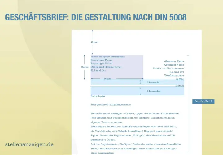 Gestaltung eines Geschäftsbriefs nach DIN 5008: Adressfelder für Absender und Empfänger, Betreff und Datum sind klar strukturiert.