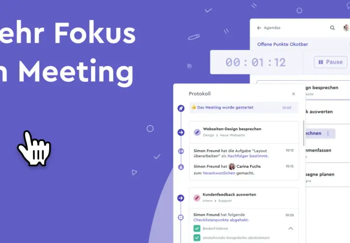 Ein Protokoll zeigt den Ablauf eines Meetings mit Zeitstempeln, besprochenen Themen und zugewiesenen Aufgaben.