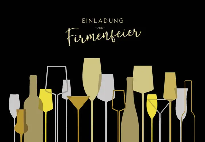 Einladung zur Firmenfeier mit stilisierten Flaschen und Gläsern in Gold-, Grau- und Beigetönen auf schwarzem Hintergrund.