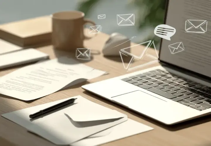Schreibtisch mit Laptop, Dokumenten und Briefumschlägen. E-Mail-Symbole schweben über dem Bildschirm, was auf digitale Korrespondenz und die Anrede eines Briefes hindeutet.