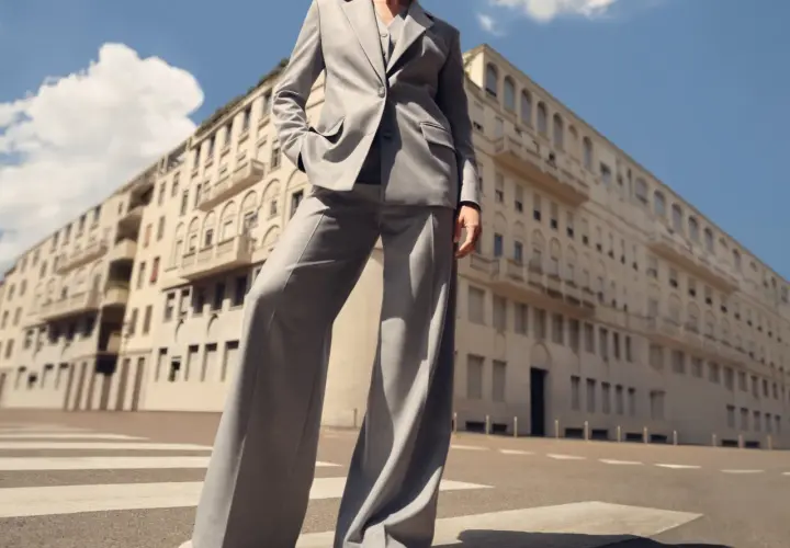 Eleganter grauer Anzug mit weiten Hosen und Sneakern, steht auf einem Zebrastreifen vor einem Gebäude.