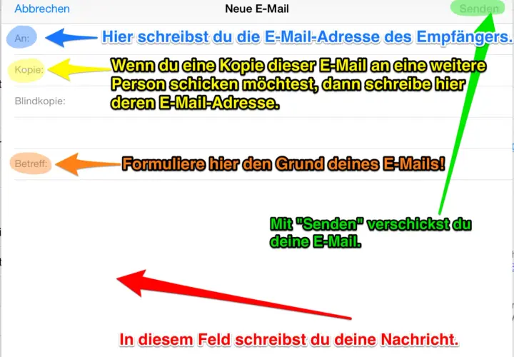 So versendest du eine E-Mail: Empfängeradresse, Betreff und Nachricht eintragen, dann auf "Senden" tippen.