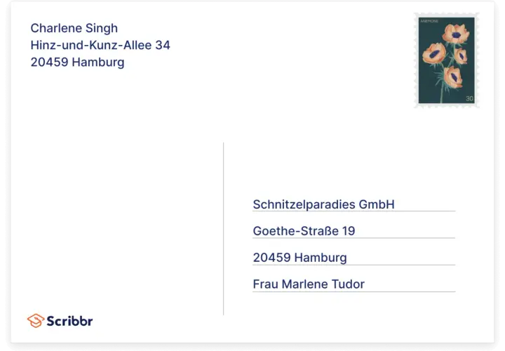 Brief mit Adressfeld für Charlene Singh und Schnitzelparadies GmbH. Briefumschlag bereit zum brief unterschreiben.