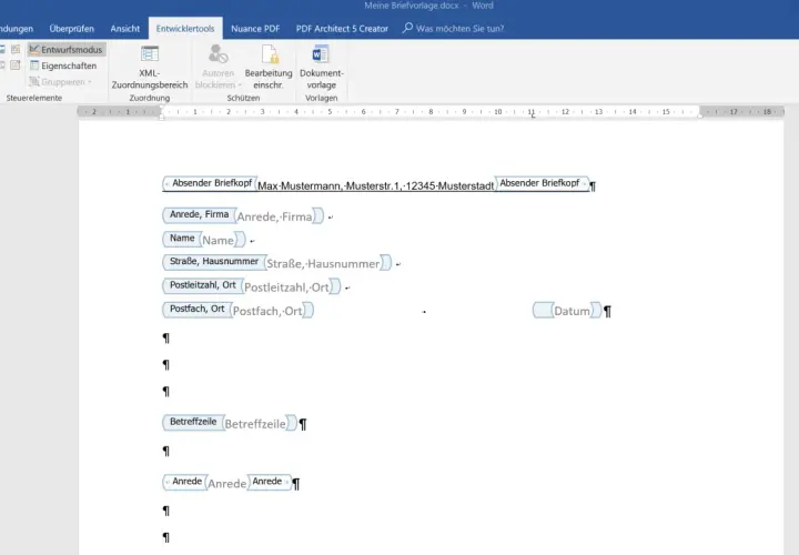Word-Dokument mit einer din brief vorlage, die Felder für Absender, Empfänger und Betreff enthält.