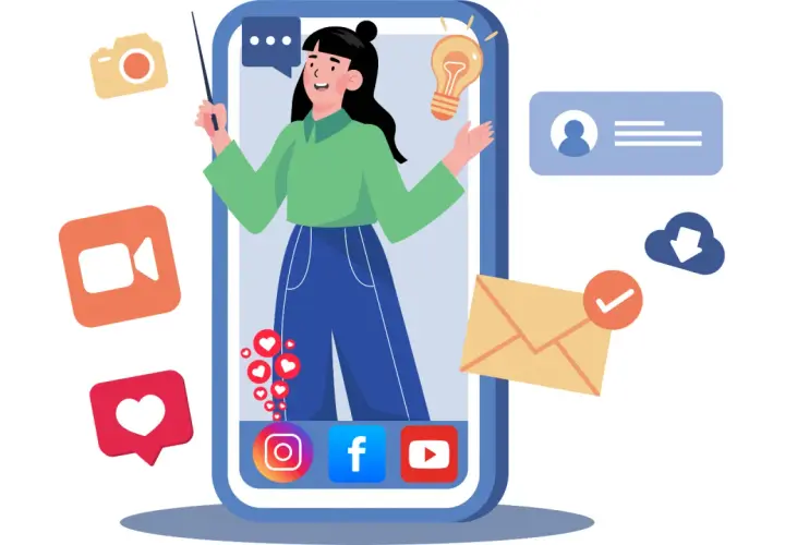 Eine Frau erklärt auf einem Smartphone die Bedeutung von Netiquette. Icons für Social Media, Kamera, Video und E-Mail umgeben sie.