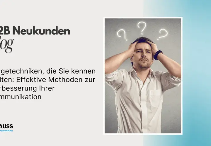 Mann mit Fragezeichen über dem Kopf, der sich an die Stirn greift. Der Text spricht über fragetechniken kommunikation.