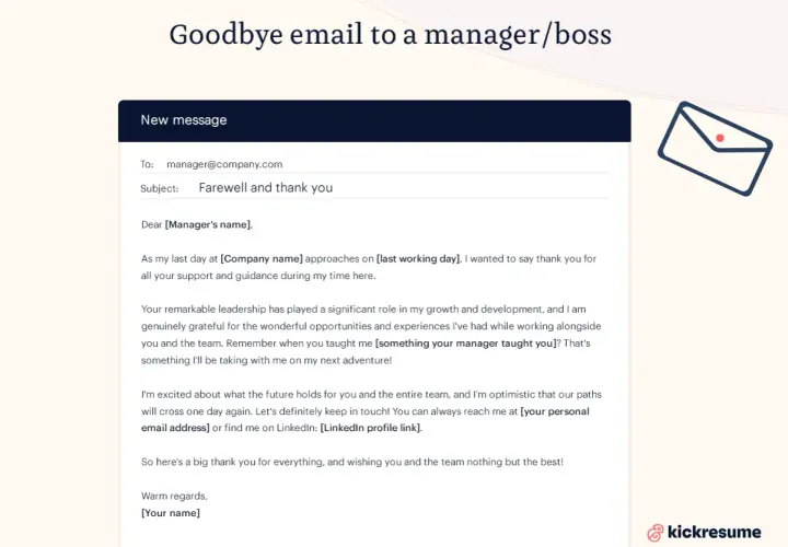 Abschiedsemail an den Manager. Der Text bedankt sich für die Unterstützung und die Lernerfahrungen, die man mitnimmt, wenn man sich verabschiedet.