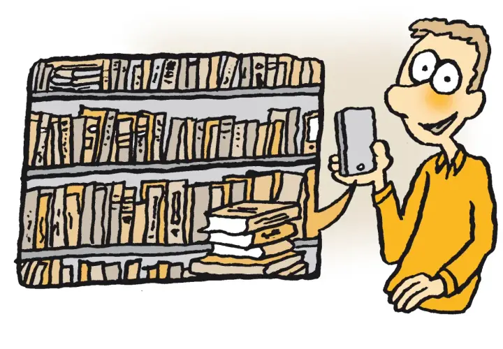 Mann mit Smartphone vor Bücherregal, das eine digitale Ablage symbolisiert.