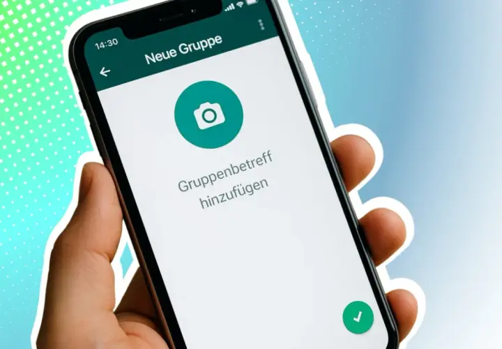 Eine Hand hält ein Smartphone, auf dem die Option "Neue Gruppe" und "Gruppenbetreff hinzufügen" angezeigt wird. So einfach lässt sich eine WhatsApp Gruppe erstellen.