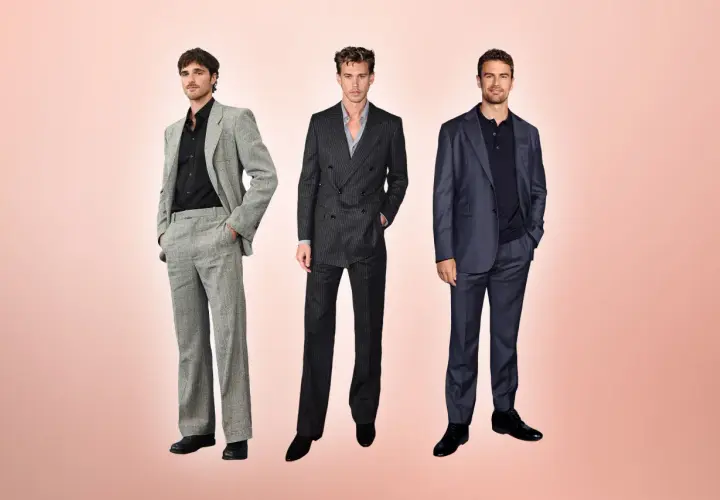 Drei Männer im Anzug, die den dresscode smart verkörpern: einer in Grau, einer im Nadelstreifen-Look, einer in Dunkelblau.