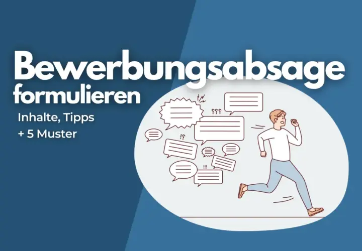Bewerbungsabsage formulieren: Tipps und Muster für eine professionelle Absage. Ein Mann rennt, umgeben von Sprechblasen, die Unsicherheit und Fragen darstellen.