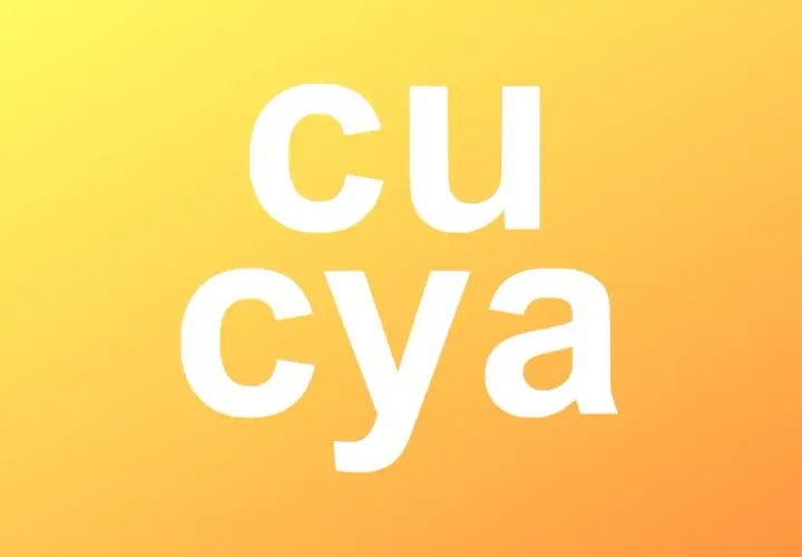 Weiße Schrift auf gelb-orangefarbenem Hintergrund. "cu" steht für "see you" (bis bald).
